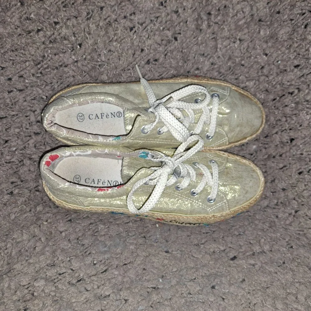 CAFE NOIR-Metallic Gold Fabric-Embroidered Espadrille Sneakers-Sz 37-Excellent